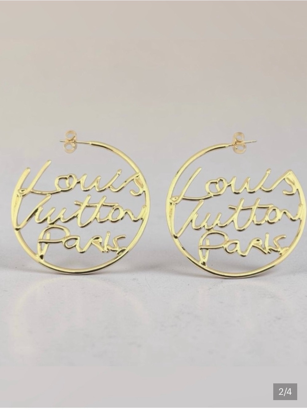 Louis Vuitton Gold Script Circle Logo Hoop Earrings